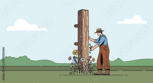 Gardener Planting Flowers on Wooden Post in Field - Vector Illustration