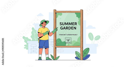 Gardener Points to Summer Garden Sign - Community Project Illustration