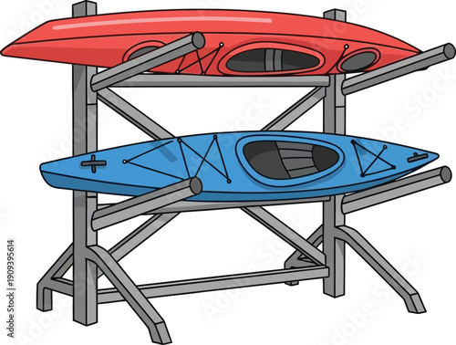 Red and blue kayaks neatly stored on a two-tier outdoor storage rack, ready for watersports adventure