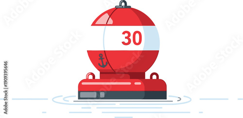 Red navigation buoy with anchor symbol and number 30 floating on water surface
