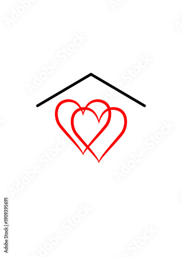 Abstract minimalist graphic consisting of Abstract minimalist graphic consisting of two red hearts intertwined  with a roof-sha with a roof-shaped angle made of black outlines placed above it