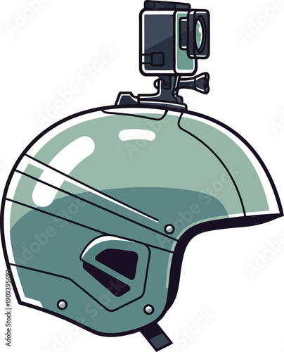 Safety helmet with action camera mount for extreme sports recording adventure photography accessory flat vector graphic