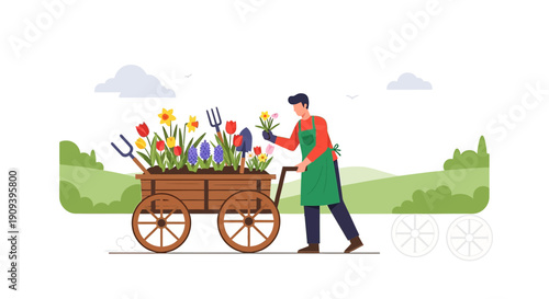 Gardener pushing cart full of spring flowers and plants, gardening concept illustration