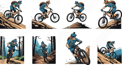Set of dynamic vector illustrations showcasing mountain bikers in action on various challenging terrains and trails