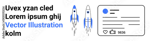 Aerospace, innovation, social media, marketing, creativity, technology. Two rockets and a social media-thumbs up card with likes and text elements. Aerospace and innovation concept