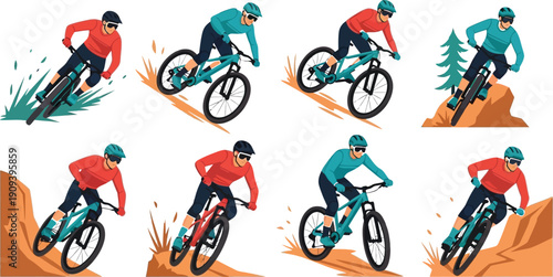 Set of mountain bikers in various dynamic poses on dirt trails, showcasing different colored outfits and bikes