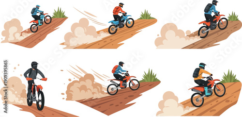 Set of motocross dirt bike riders on dusty track scene illustration