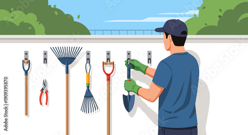 Gardener Selecting Tool from Wall Mounted Garden Equipment Collection
