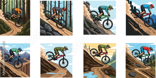 Set of mountain bikers riding downhill on challenging trails in various natural landscapes and terrains