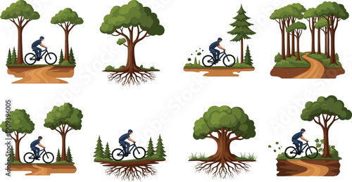 Set of vector illustrations featuring mountain bikers cycling through forests and natural landscapes on various terrains