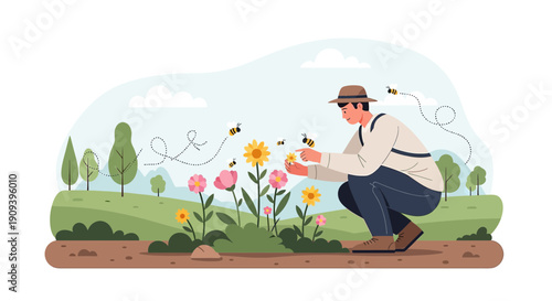 Gardener Tending Flowers with Bees in a Meadow - Illustration