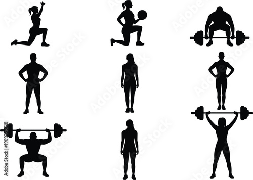 Silhouettes of athletes performing fitness and weightlifting exercises, symbolizing strength, training, workout, and healthy lifestyle