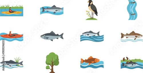 Set of vector illustrations featuring various outdoor activities and nature elements including fish, birds, trees and kayaking