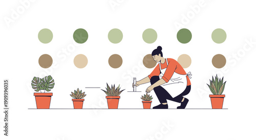 Gardener tending plants in pots with colorful dots background illustration