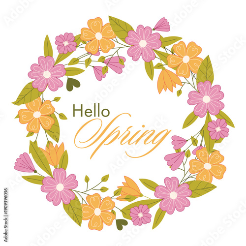 Hello Spring floral wreath illustration