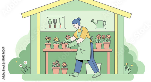 Gardener Tending Potted Flowers in Greenhouse Illustration