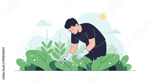 Gardener Tending Plants in Summer Garden Flat Illustration