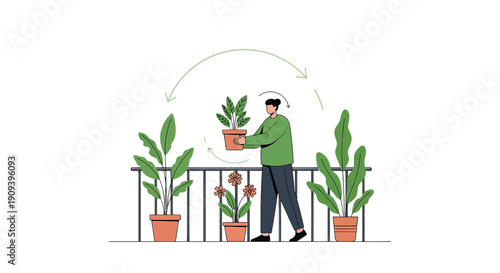 Gardener tending potted plants on balcony, illustration flat design