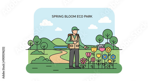 Gardener tending to colorful flowers in a spring bloom eco park illustration