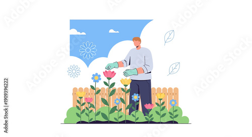 Gardener tending to colorful flowers in a sunny garden with a wooden fence