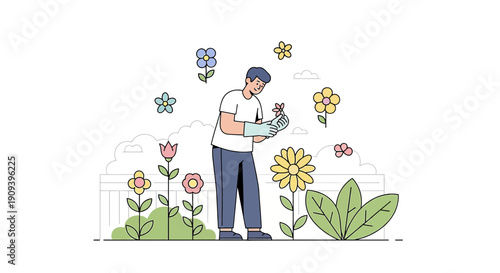 Gardener tending to flowers in a minimalist garden illustration