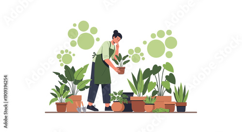 Gardener tending to potted plants, flat illustration with botanical elements