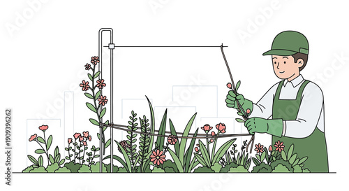 Gardener tending to plants, urban garden, flat illustration style