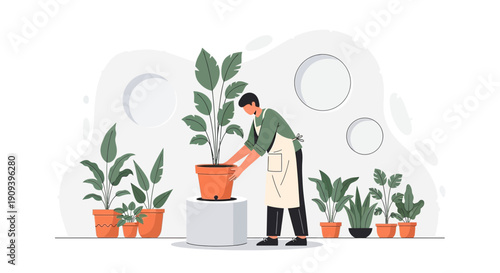 Gardener tending to potted plants, modern flat illustration