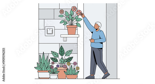 Gardener tending to potted plants, indoor gardening illustration with floral elements.