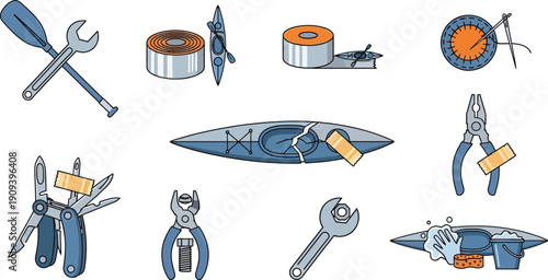 Various tools and repair items for kayak maintenance including a broken kayak, paddle, wrench, and pliers