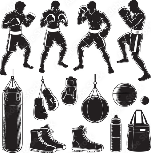 Black and white illustration of boxing equipment and boxers in various poses