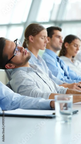 People in business attire sitting asleep during a meeting, concept of boredom in corporate environment, professionals experiencing fatigue, office workers showing lack of interest