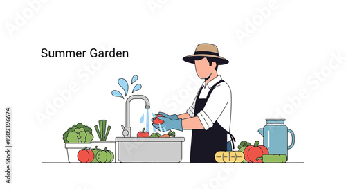 Gardener Washing Fresh Vegetables at Sink, Summer Garden Harvest, Healthy Food