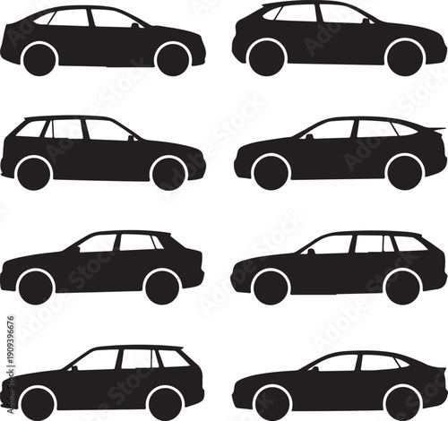 black silhouettes of various cars on white background