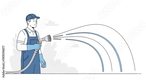 Gardener Watering Plants with Hose - Minimalist Illustration