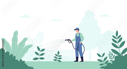 Gardener watering plants with hose, flat illustration, summer garden scene