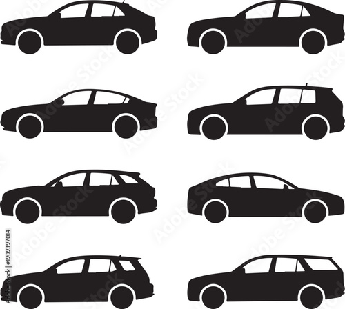 black silhouettes of various cars on white background