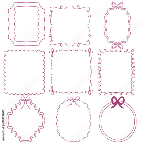 Decorative Hand-Drawn Frame Collection: Cute Pink Border Outlines, Ribbon Bow Accents, and Scalloped Stationery Edges