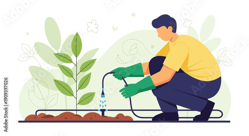 Gardener watering young plant with drip irrigation system, illustration