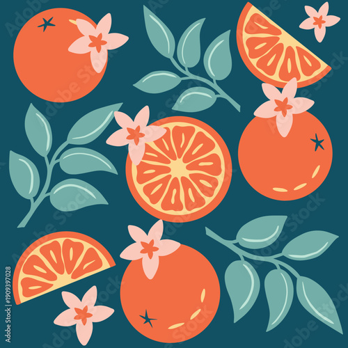 ​Hand-Drawn Seamless Pattern of Fresh Oranges: Citrus Fruits with Blossoms and Leaves on Dark Background