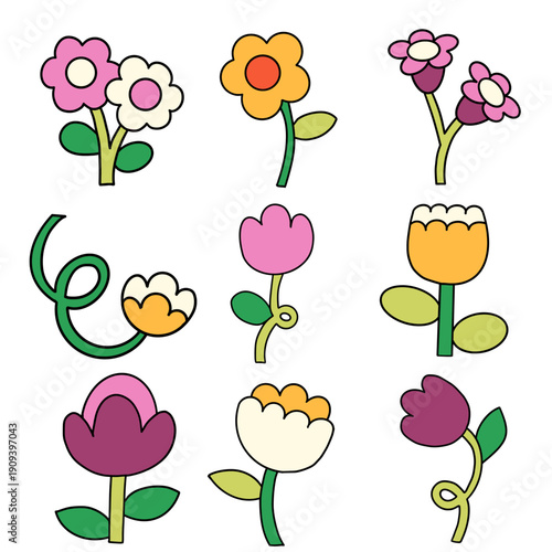 Hand-Drawn Retro Floral Collection: Cute Cartoon Flower Doodles and Botanical Elements Set