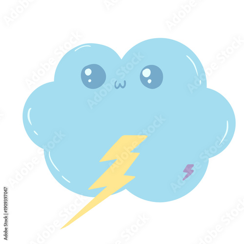 ​Kawaii Storm Cloud Illustration: Cute Blue Rain Cloud with Yellow Lightning Bolt and Adorable Chibi Face