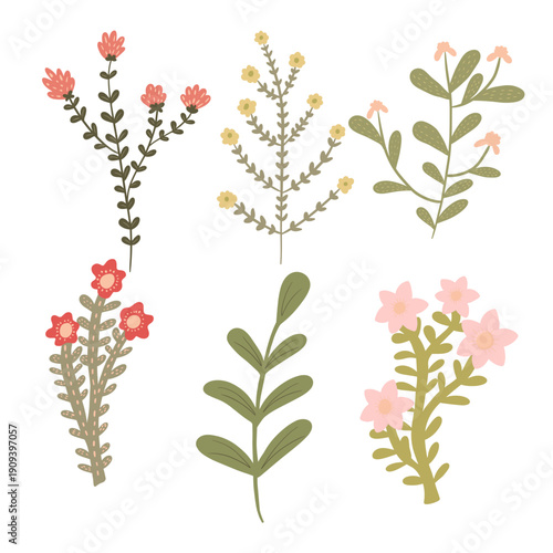 Boho Style Floral Collection: Hand-Drawn Wildflowers, Botanical Sprigs, and Rustic Leaf Elements