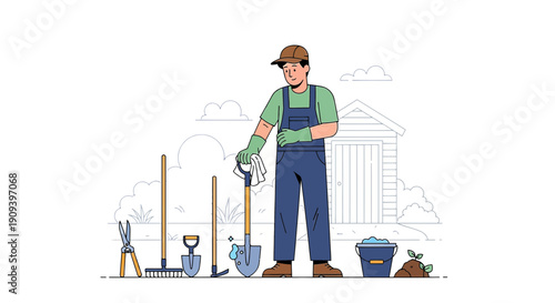Gardener with Tools and Shed - Flat Illustration