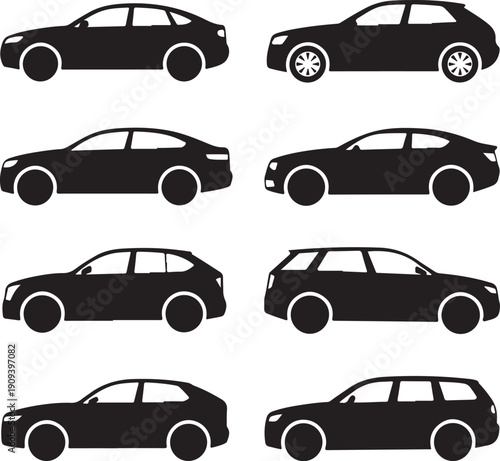 black silhouettes of various cars on white background