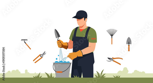 Gardener with Tools, Planting and Gardening Concept Illustration