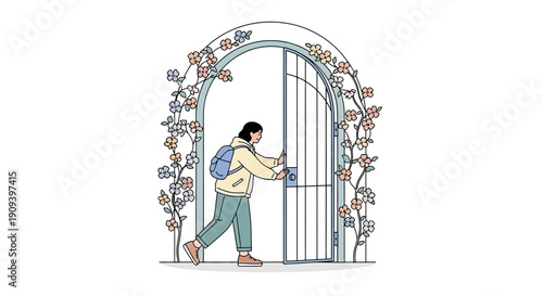 Girl with backpack opening garden gate with floral archway, illustration