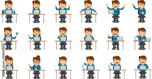 Office Worker Emotion and Activity Set - Business Character Expressions while Working at Desk with Laptop