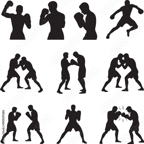 black silhouettes of boxers in various fighting poses and movements on white background