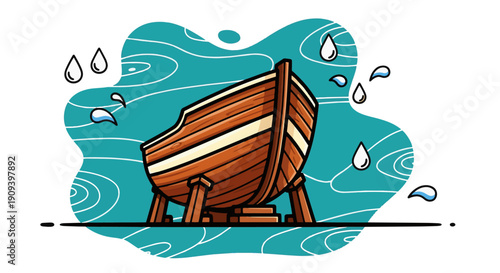 Vintage wooden boat in turbulent turquoise water with raindrops